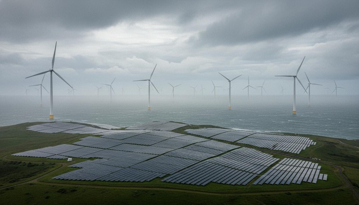 Британская энергетика: доля чистых источников достигла исторического максимума Морские ветрогенераторы в тумане и солнечные панели на зеленых холмах под облачным небом