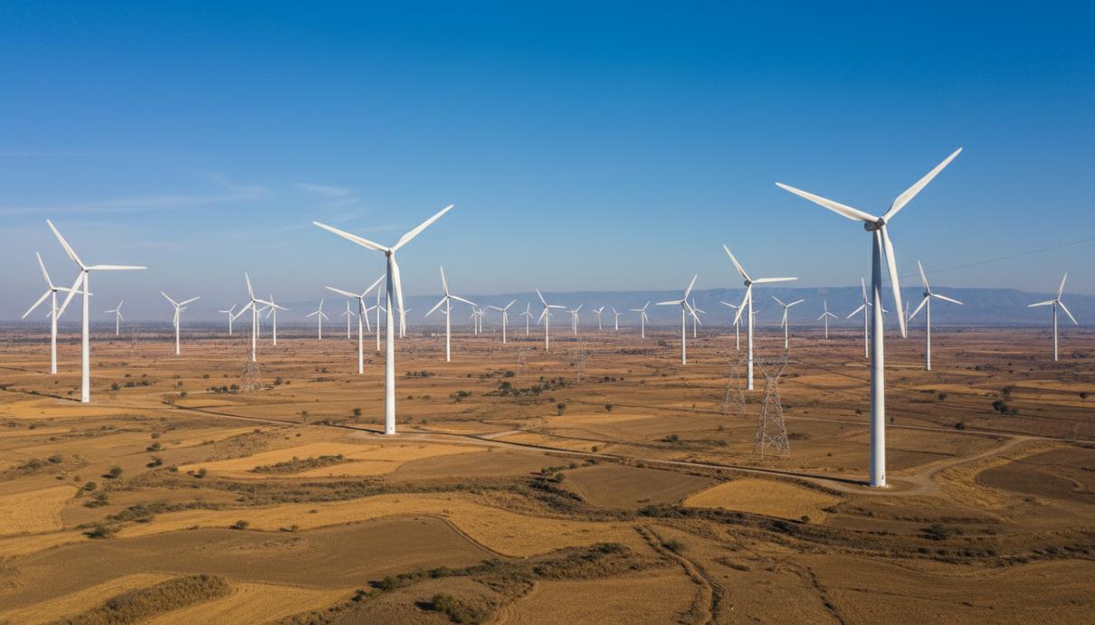 Современные ветряные турбины и линии электропередачи в сельской местности Индии на фоне неба