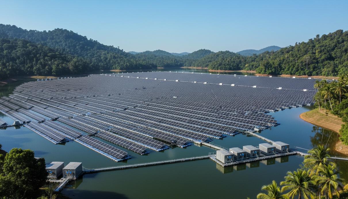 Плавучие солнечные панели на поверхности тропического озера в окружении зеленых холмов.