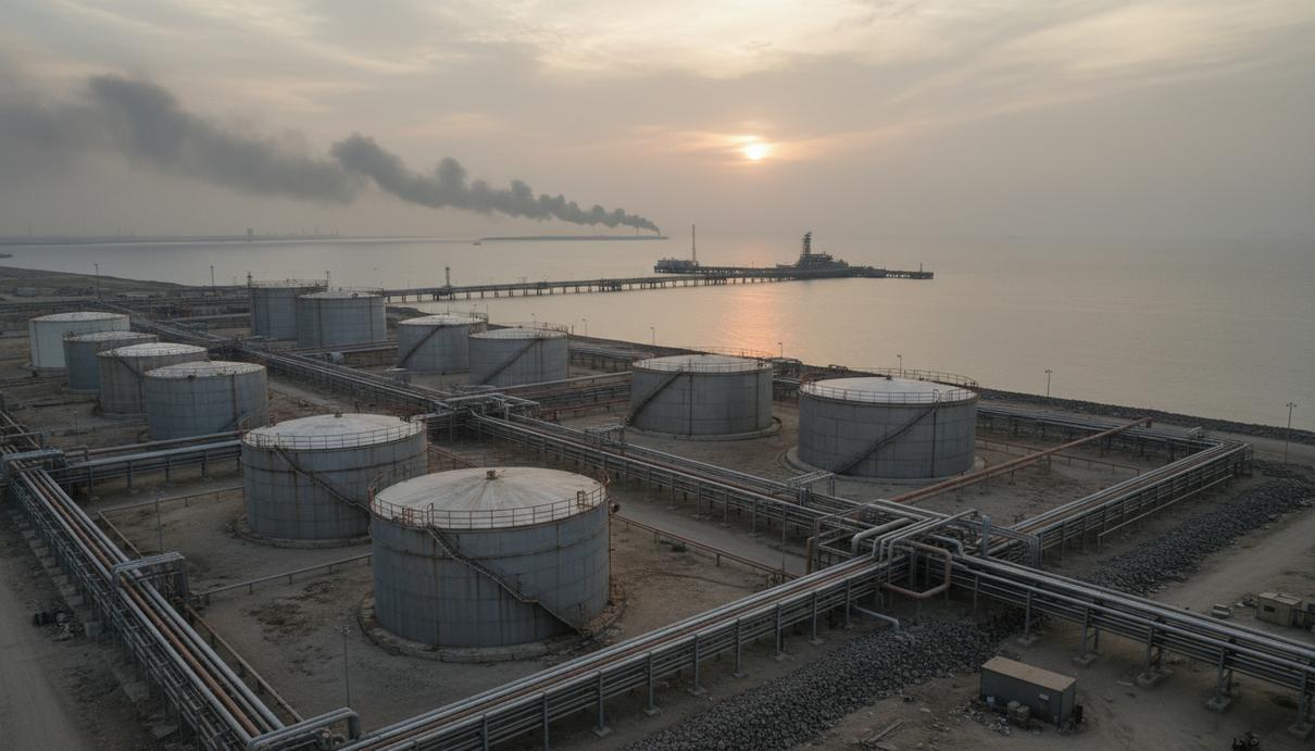 Промышленный нефтяной терминал с резервуарами и трубопроводами на побережье Персидского залива
