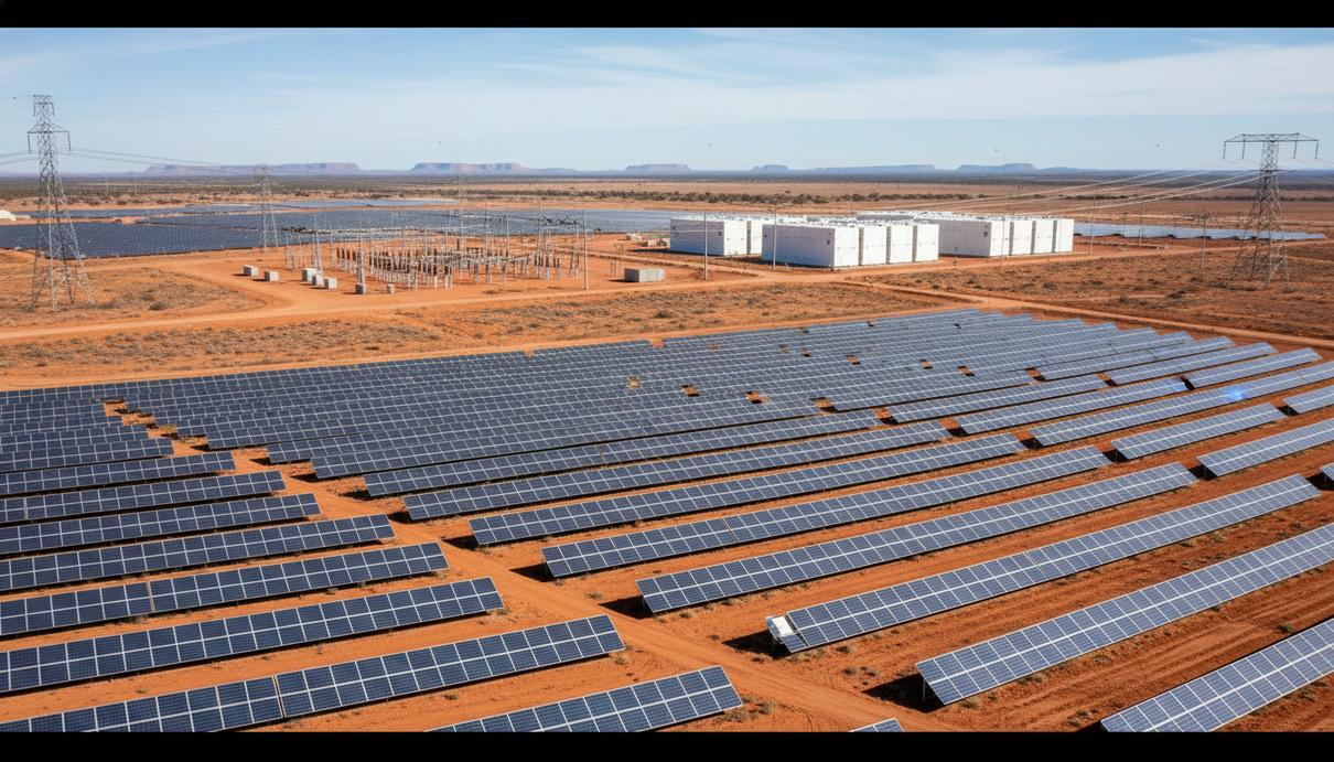 В Австралии одобрили проект Динаван: солнечная станция и хранение энергии Солнечные панели и промышленные аккумуляторные блоки на фоне пейзажа Нового Южного Уэльса.