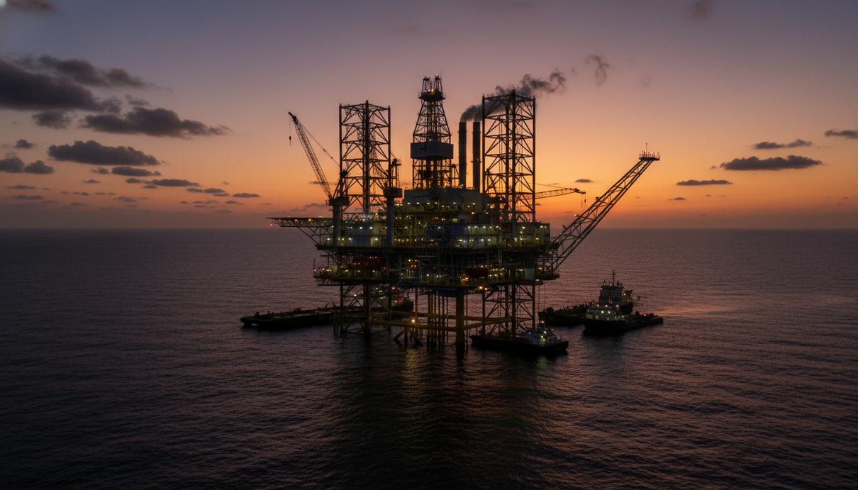 Морская газодобывающая платформа в открытом море на фоне закатного неба