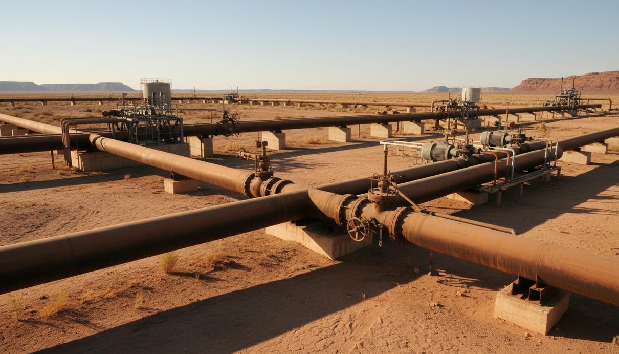 Ирак построит нефтепровод Басра – Хадита за 4,6 млрд долларов для обхода Ормуза Промышленный нефтепровод с крупными стальными трубами на фоне бескрайней пустыни.