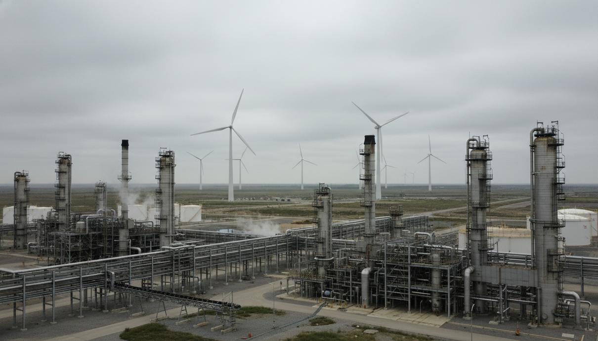 Франция замедлила темпы сокращения выбросов парниковых газов в 2025 году Нефтеперерабатывающий завод и ветряные турбины на фоне пасмурного неба