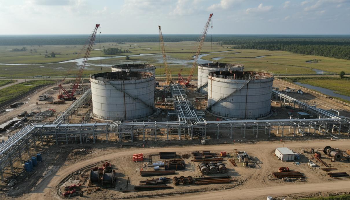 Проект Commonwealth LNG: компания Caturus завершила коммерциализацию терминала Строительная площадка газового терминала с промышленными резервуарами и кранами на фоне побережья