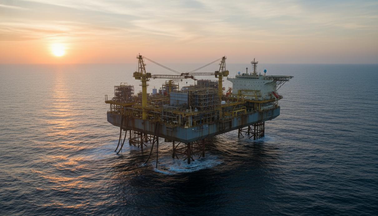 TotalEnergies открыла новое месторождение на шельфе Конго: планы освоения Плавучая нефтедобывающая установка в открытом море на фоне утреннего неба