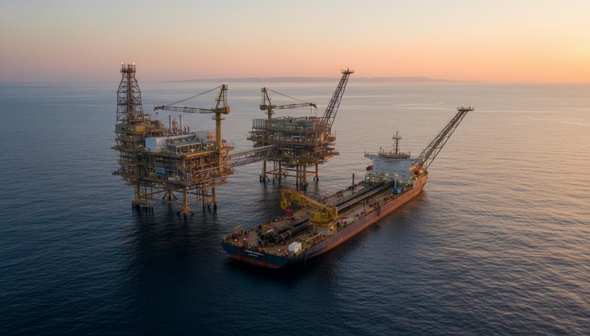 Морская газодобывающая платформа и судно для укладки труб в открытом море на фоне заката.