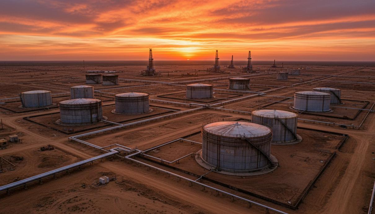 Промышленные объекты нефтедобычи с резервуарами и трубопроводами в равнинном поясе Ориноко