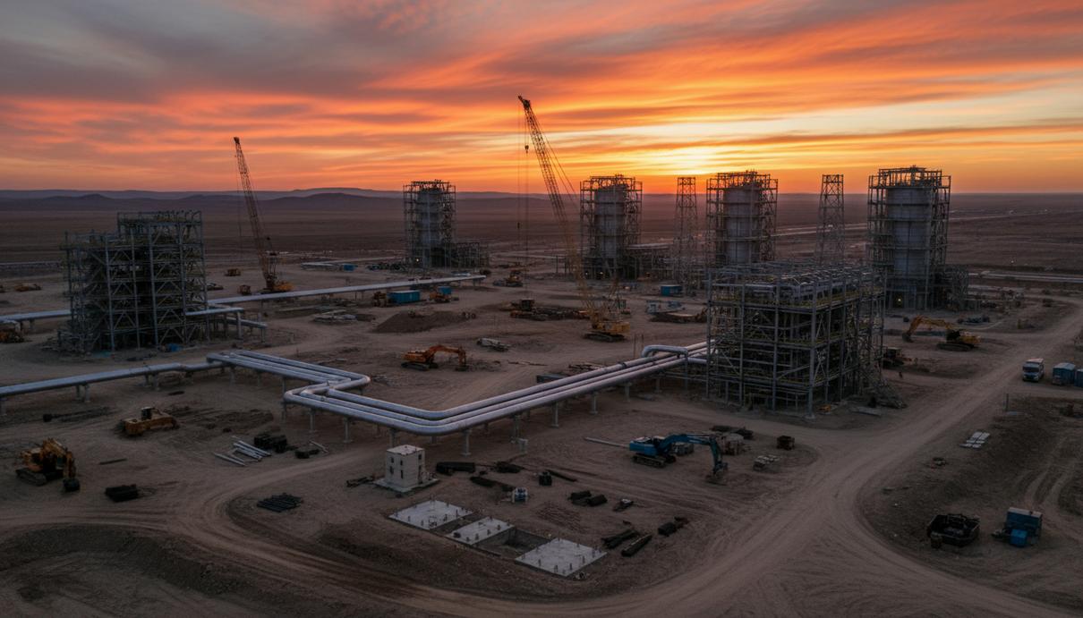 Казахстан привлечет CITIC к строительству газового завода на Карачаганаке Строительная площадка газоперерабатывающего завода с промышленными конструкциями и трубами в степи на закате