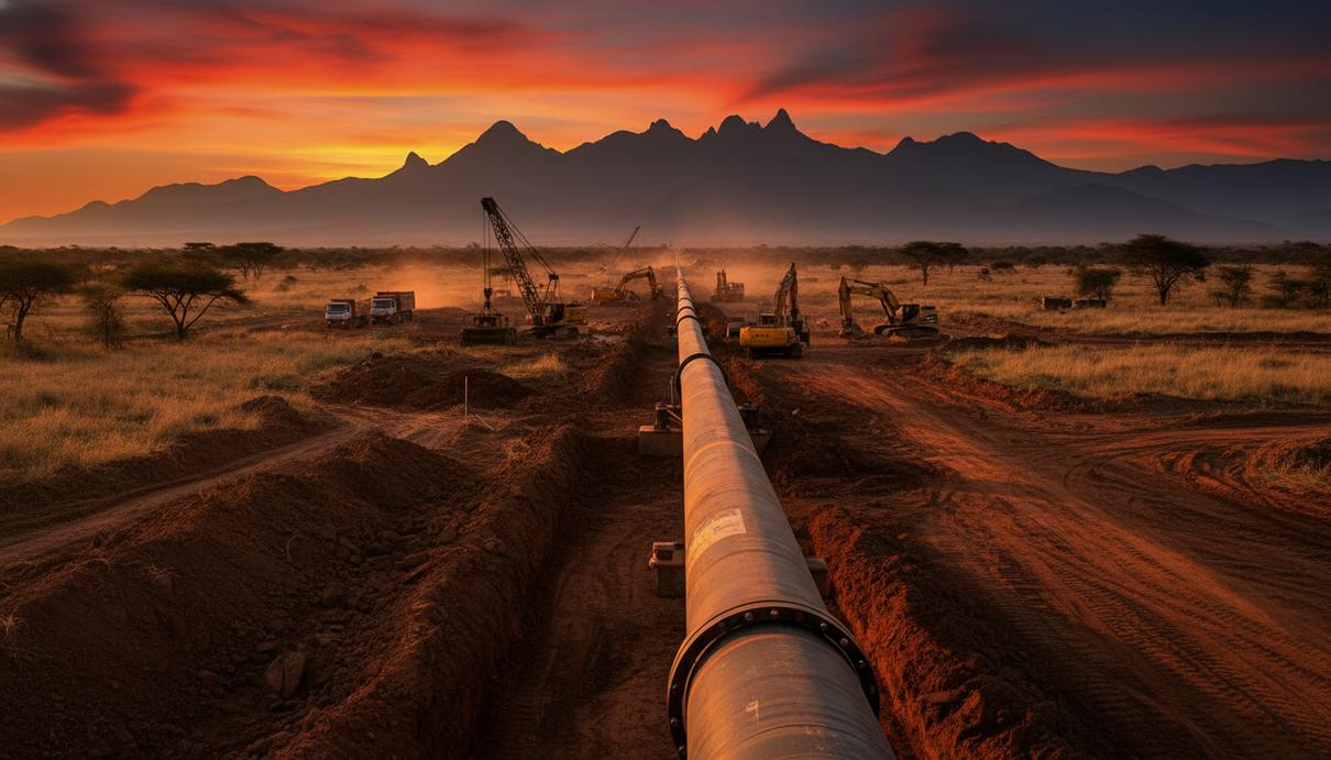 Уганда планирует начать экспорт нефти в октябре 2026 года Строительство магистрального нефтепровода из стальных труб в саванне на фоне гор на закате.