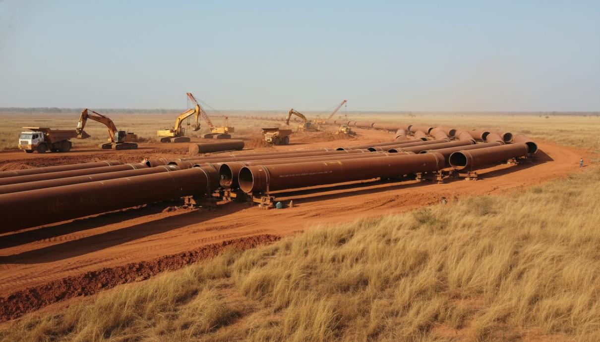 Строительство магистрального газопровода с уложенными стальными трубами в африканской саванне