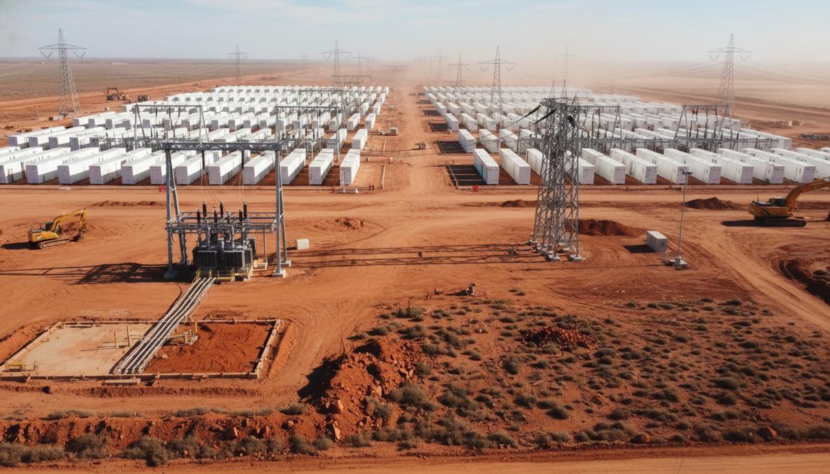 Alinta Energy начала строительство гибридного энергоузла в Южной Австралии Строительная площадка энергетического хаба с рядами белых блоков аккумуляторов в Южной Австралии.