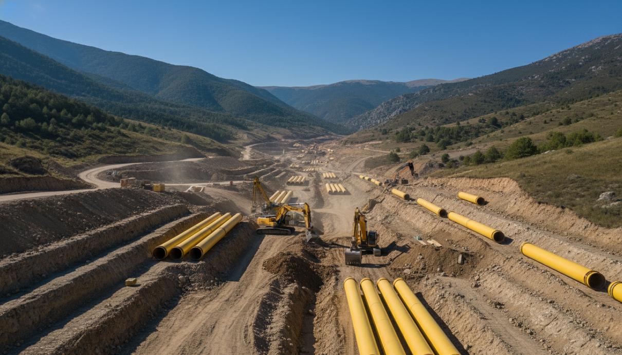 Строительство газопровода в горах: укладка стальных труб и работа спецтехники в долине