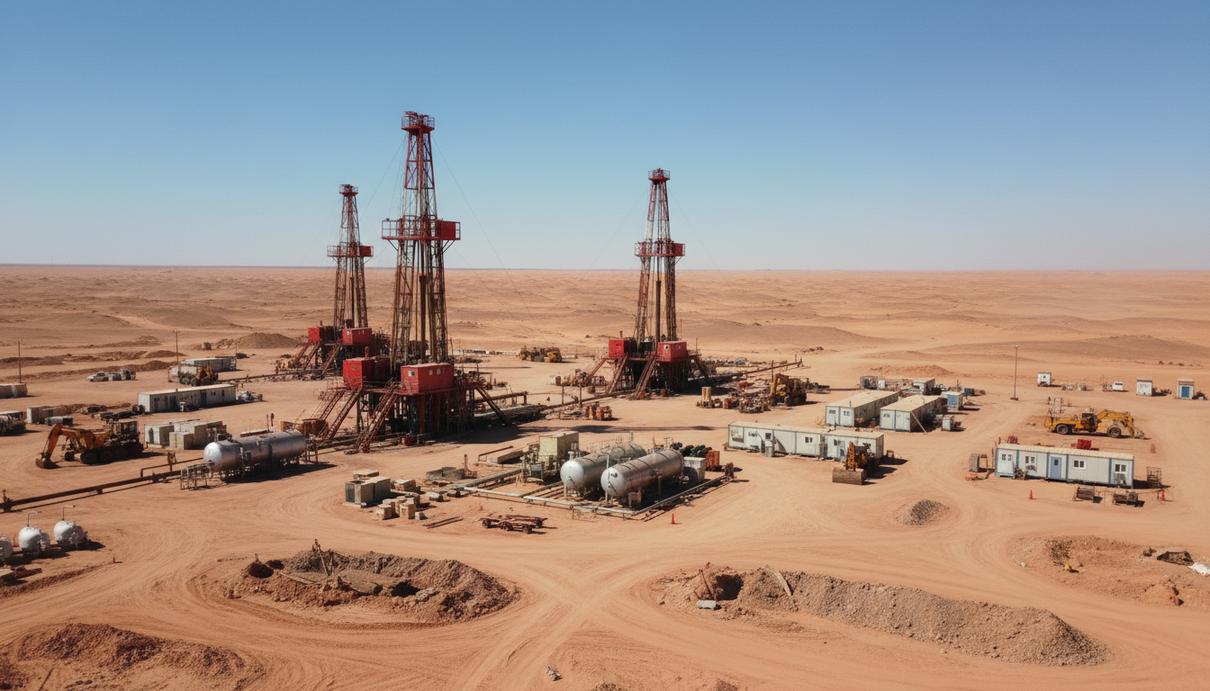 Алжир открыл международный тендер на разведку семи нефтегазовых зон Буровая установка и промышленное оборудование для разведки нефти в пустыне Алжира под ясным небом