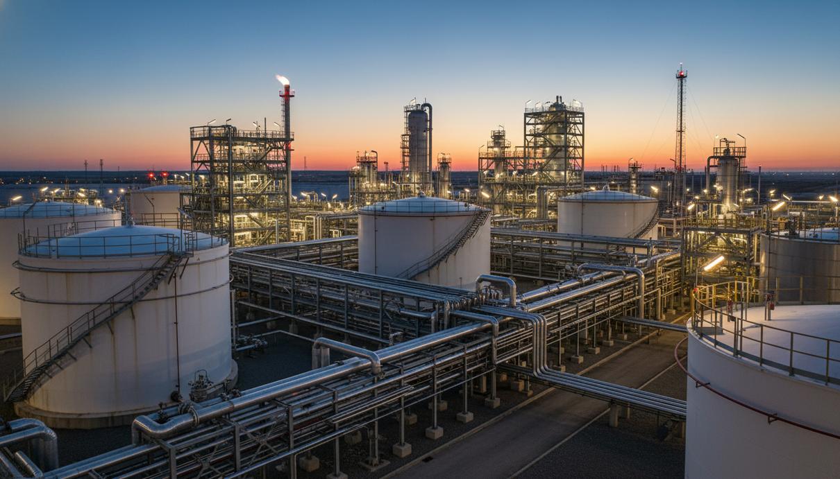 JAPEX: японская корпорация в четыре раза увеличит добычу нефти и газа к 2035 году Промышленные резервуары и сложные системы трубопроводов нефтегазового комплекса на фоне неба.