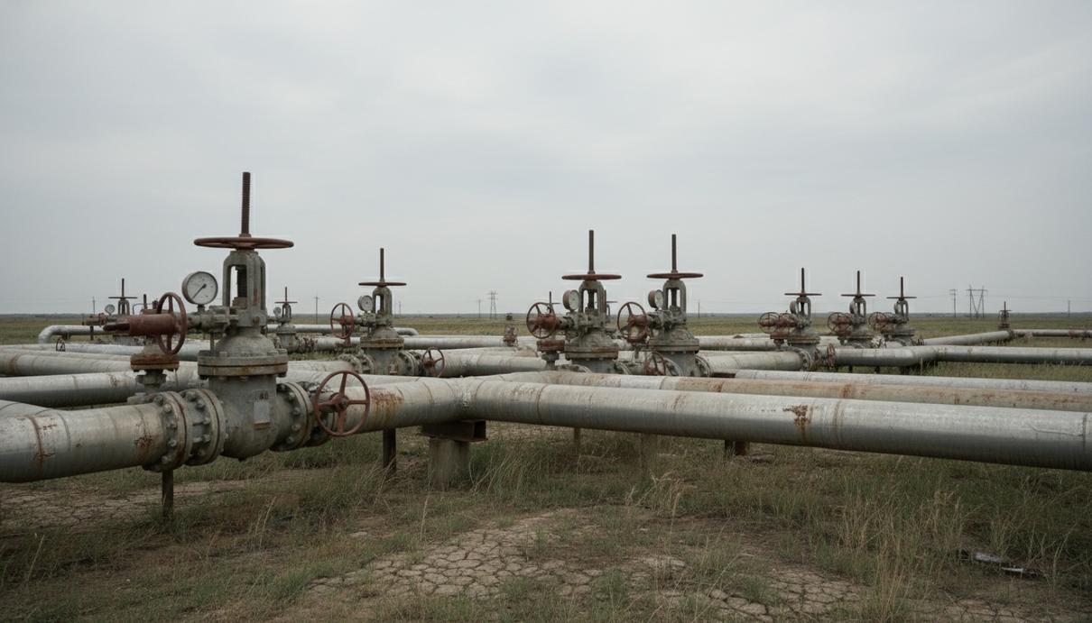 Узел промышленного нефтепровода со стальными трубами, вентилями и манометрами на открытой местности