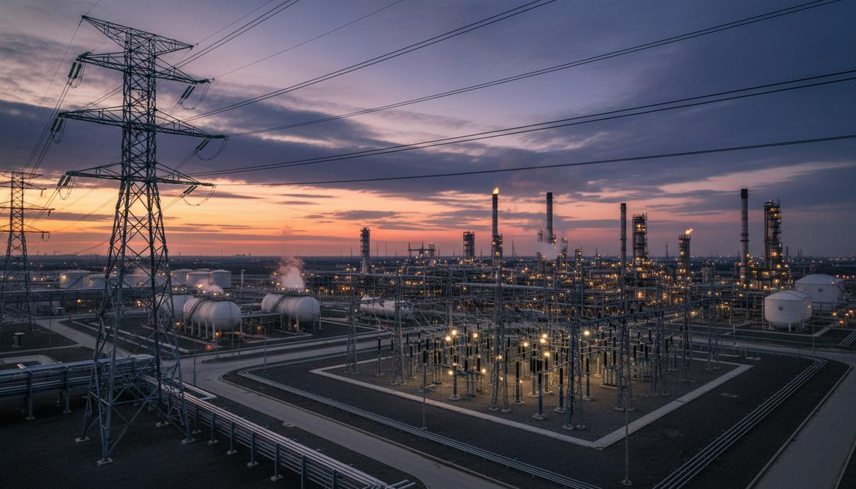 Нефтеперерабатывающий завод с резервуарами и опоры линий электропередачи на фоне вечернего неба.