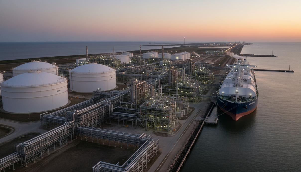 Индустриальный пейзаж терминала Golden Pass LNG в Техасе с газовыми резервуарами и танкером у пирса