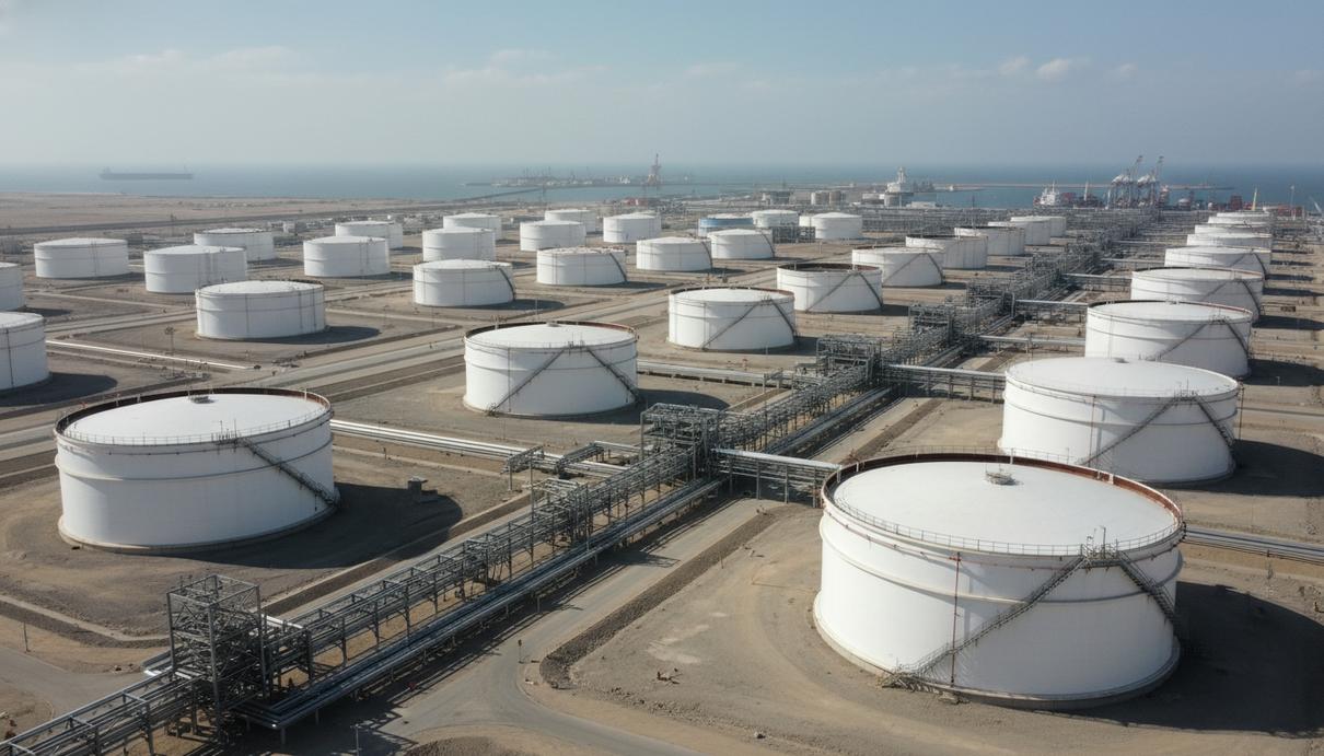 Ряды белых промышленных цистерн для хранения нефти в прибрежной зоне на фоне ясного неба.