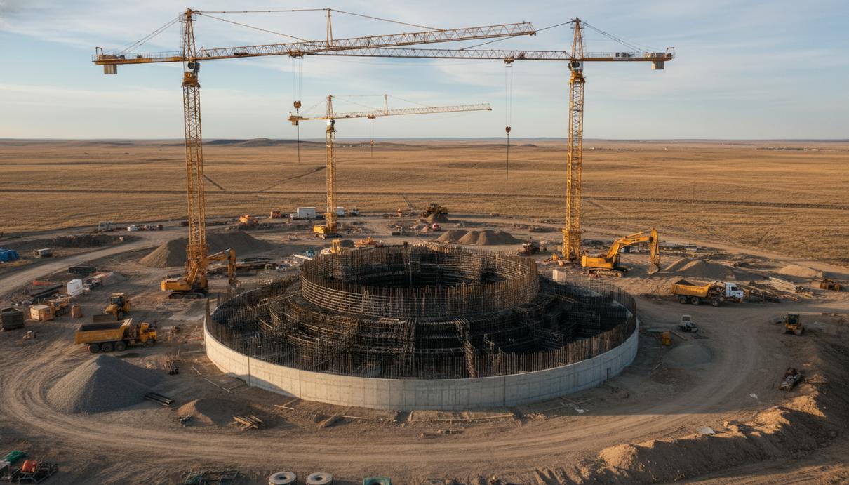 Строительная площадка реактора Natrium в Вайоминге с промзоной, кранами и бетонным основанием здания.