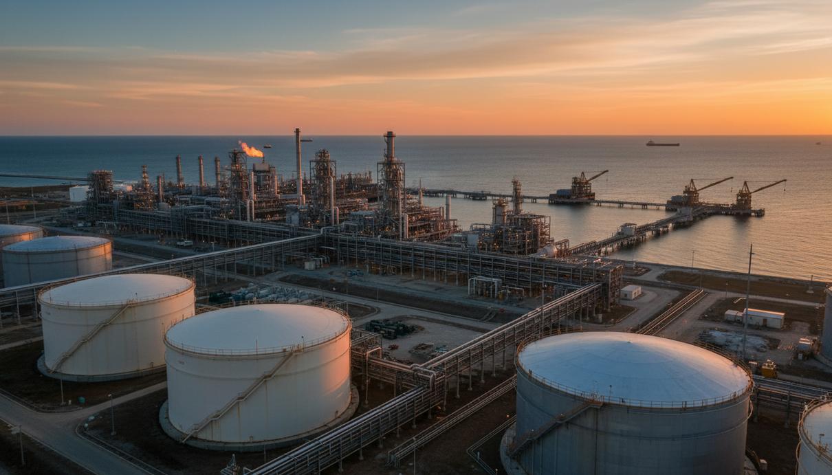 Промышленный терминал с крупными резервуарами для хранения газа и трубопроводами на морском побережье