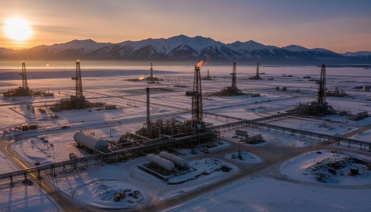 Промышленный комплекс по переработке газа и буровые установки на фоне горного ландшафта Канады