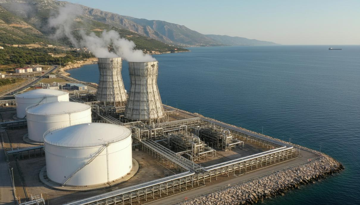 Современный терминал сжиженного природного газа с резервуарами и трубопроводами на морском побережье