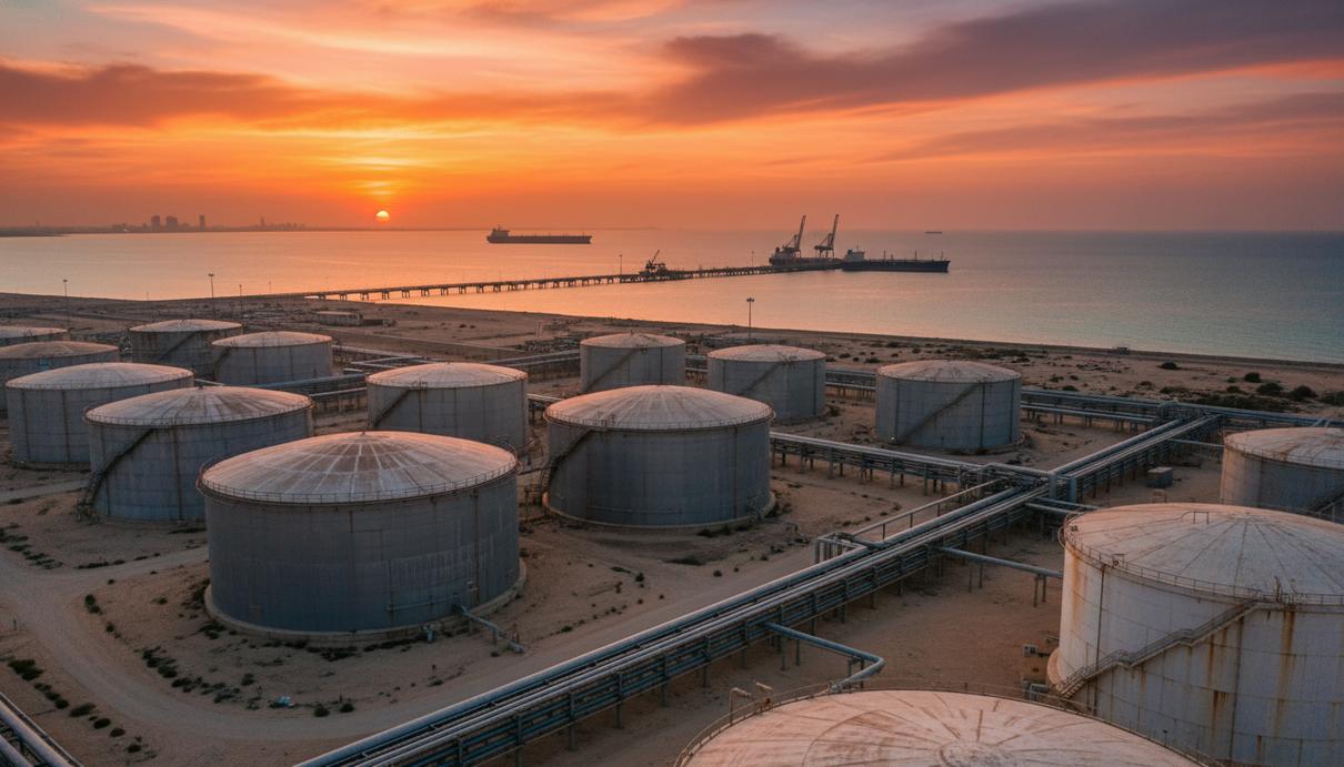 Промышленные резервуары для нефти и трубопроводы на фоне морского побережья в ОАЭ