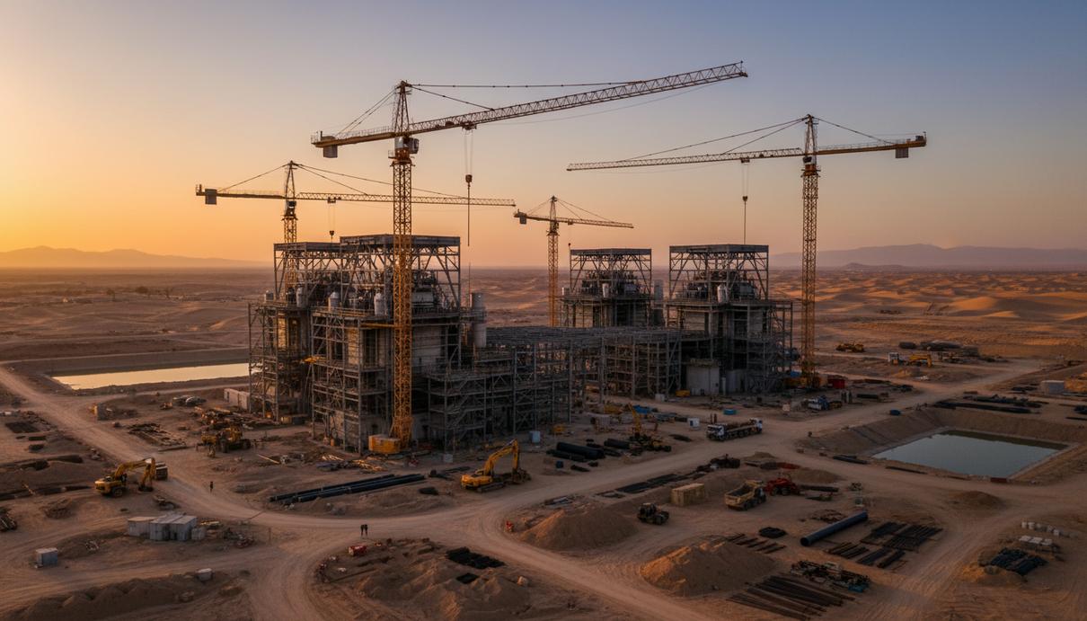 Строительная площадка газовой электростанции в пустыне с кранами и металлическими каркасами зданий