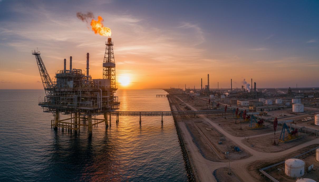 Промышленная газовая платформа на шельфе и объекты нефтедобычи в Венесуэле на фоне заката