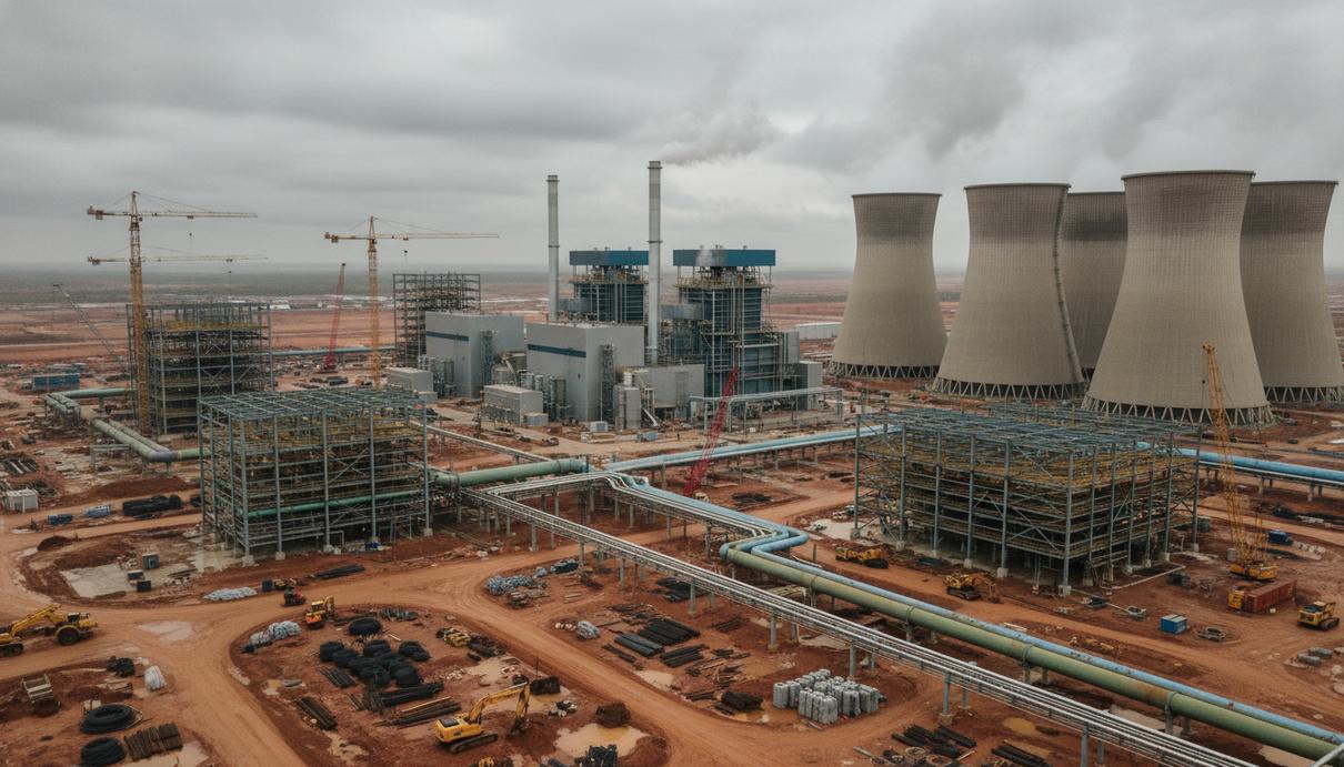 Промышленная площадка современной тепловой электростанции с газовыми турбинами и инженерными сетями в Германии.
