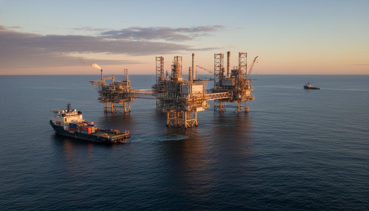 Морская газовая платформа со стальными опорами в открытом море в утренние часы.