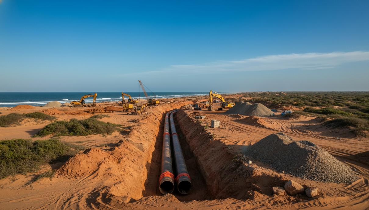 Строительство газопровода в Сенегале: стальные трубы в траншее на фоне прибрежного ландшафта и техники
