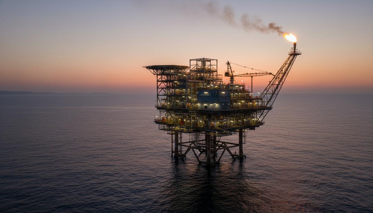 Газовая платформа на шельфе в Средиземном море на фоне вечернего неба