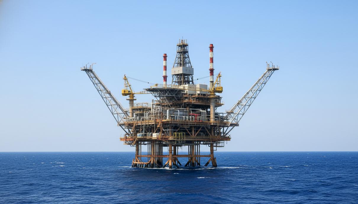 Морская газодобывающая платформа на шельфе в открытом море на фоне ясного неба