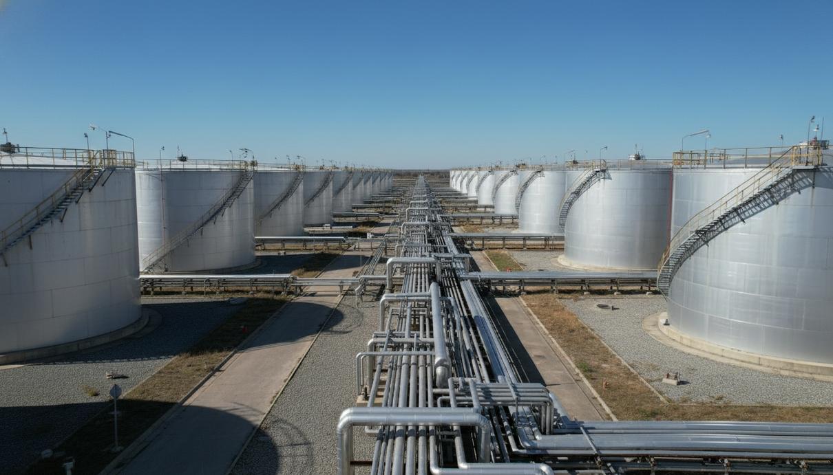 Вид на промышленные резервуары для хранения нефти и переплетение труб на фоне неба.