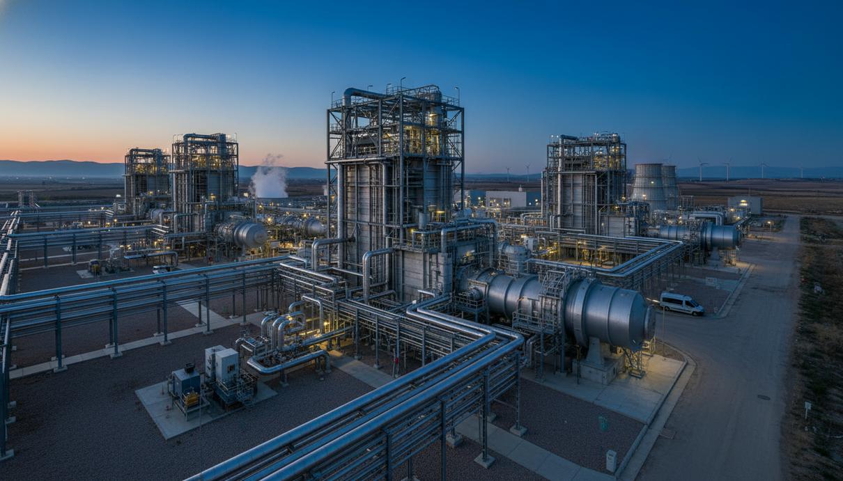 Современная парогазовая электростанция с дымовыми трубами и металлическими конструкциями на фоне неба