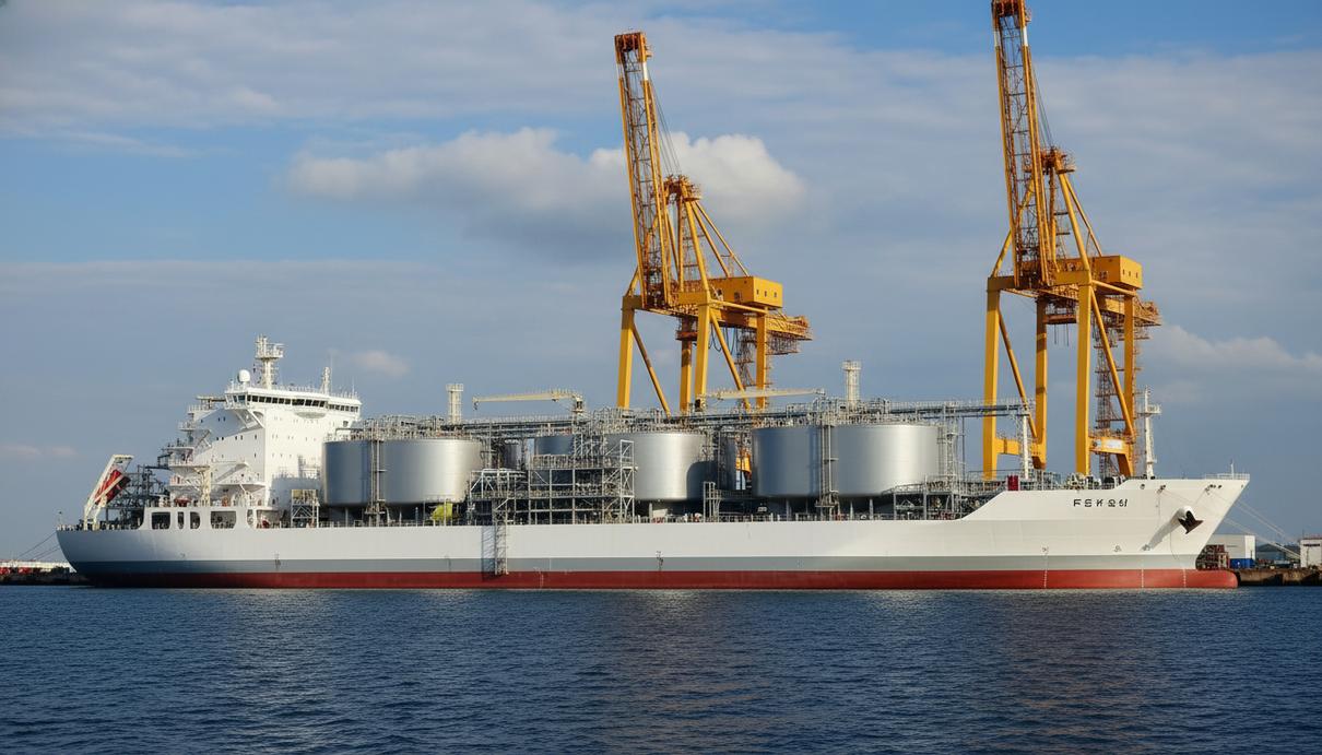 Огромное судно-терминал FSRU для хранения и регазификации СПГ у причала судостроительного завода