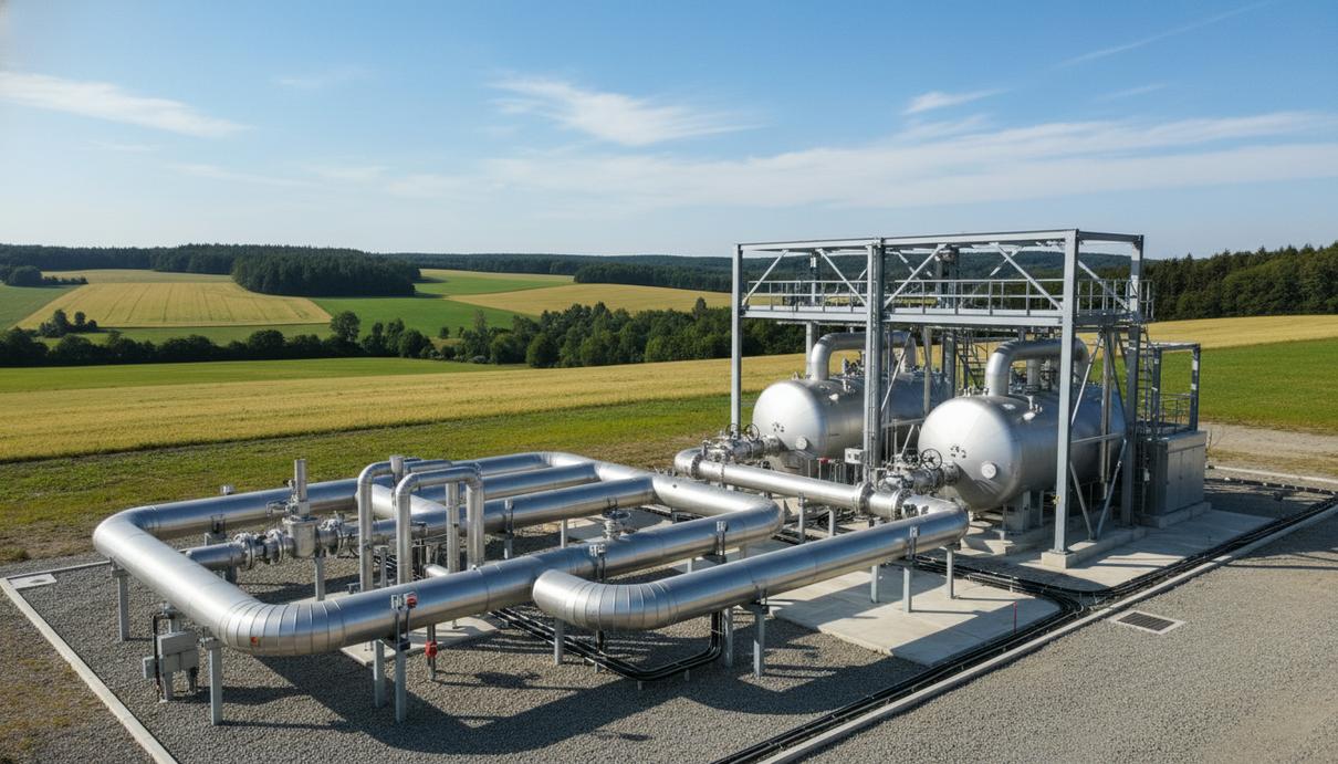 Словения и Хорватия увеличат мощность газового интерконнектора Рогатец Современная газораспределительная станция со стальными трубами на фоне холмов и лесов