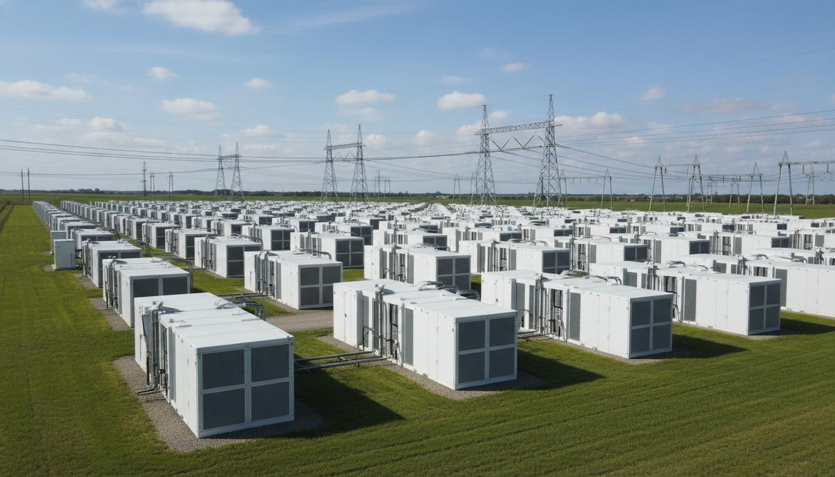 Ряды белых промышленных аккумуляторов Tesla Megapack на фоне опор линий электропередачи под ясным небом.
