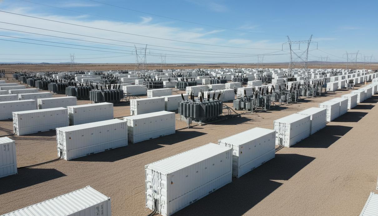 Spearmint Energy привлекла 450 млн долларов на проект накопителя в Техасе Ряды белых контейнеров промышленной системы накопления энергии на фоне неба и линий электропередачи
