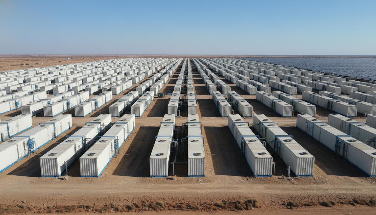 Adani Green ввела накопители энергии на 3,37 ГВт·ч в Индии Промышленные контейнеры систем накопления энергии и ряды солнечных батарей в пустынной местности Индии