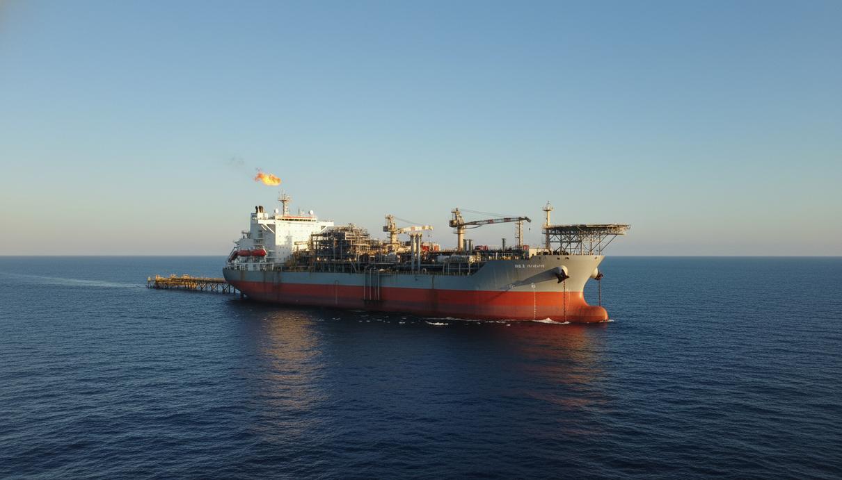 Плавучая установка для добычи нефти и газа в открытом море у побережья Кот-д’Ивуара.