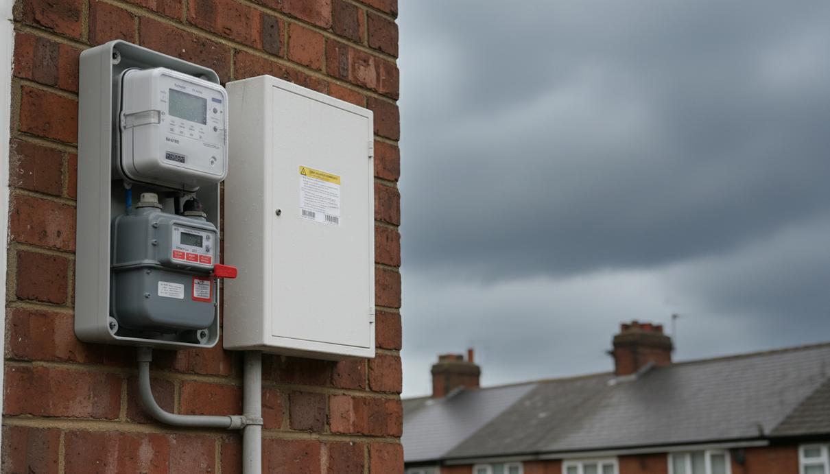 Ofgem повысит предельные тарифы на энергию в Великобритании на 13% Современный счетчик газа и электричества на кирпичной стене жилого дома в Великобритании под пасмурным небом