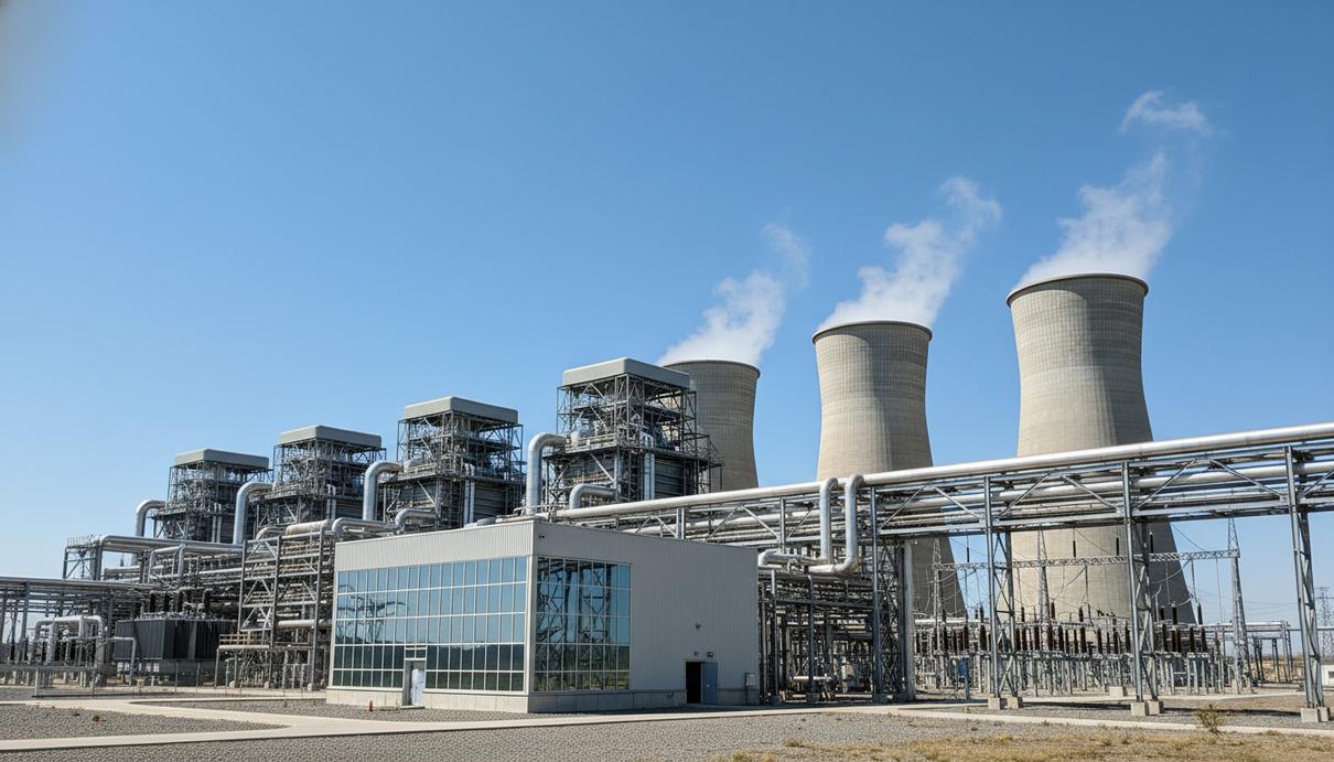 Siemens Energy поставит турбины для новой газовой ТЭС на Тайване Современная газовая теплоэлектростанция со стальными конструкциями и трубами на фоне ясного неба