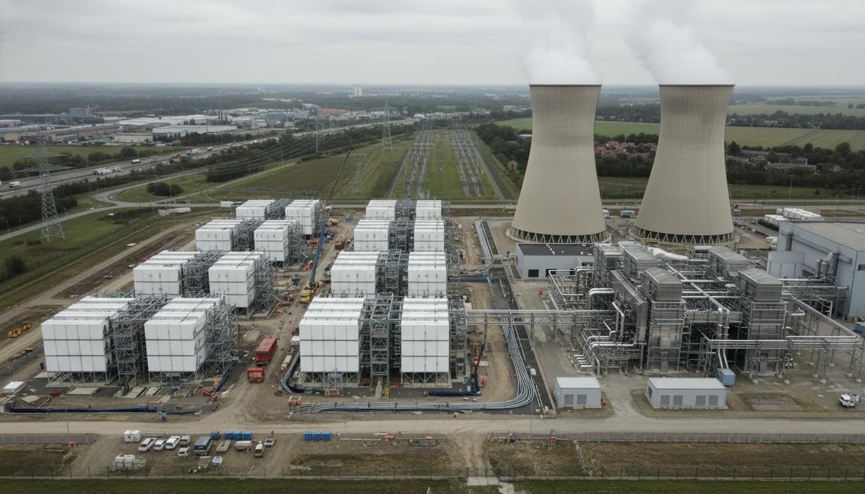 Engie и NHOA начали строить крупный накопитель энергии в Бельгии Ряды белых контейнеров промышленной аккумуляторной батареи на фоне градирен тепловой электростанции в Бельгии