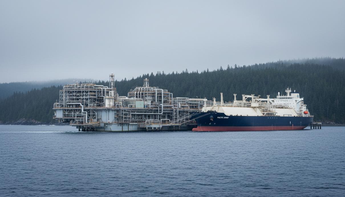 Плавучий завод по сжижению газа и грузовой танкер у лесистого побережья Британской Колумбии