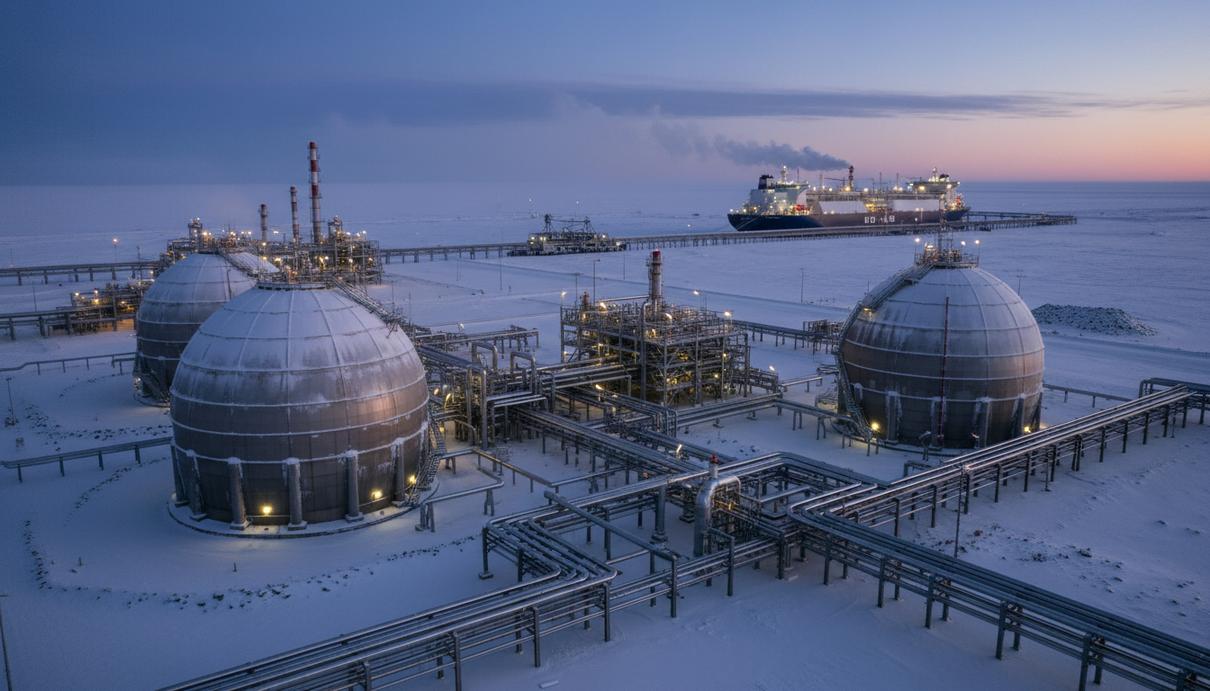 Индустриальный пейзаж завода по сжижению природного газа в Арктике с газовозом у причала и заснеженными цистернами.