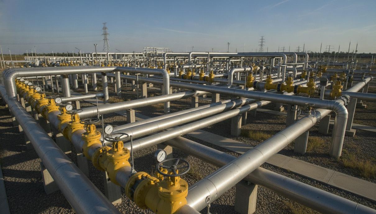 Сербия продлила контракт с «Газпромом» на поставку газа до сентября 2026 года Газораспределительная станция с переплетением металлических труб и вентилей на фоне ясного неба.