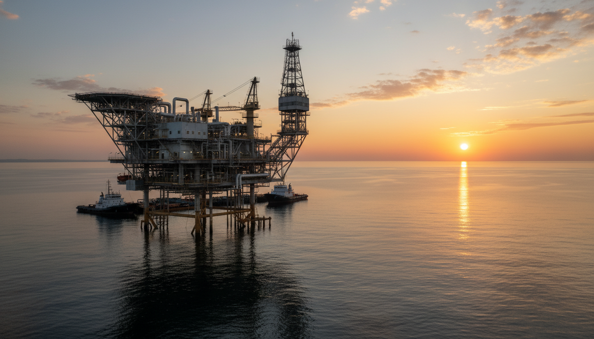 Морская газодобывающая платформа на шельфе Каспийского моря на фоне вечернего неба.